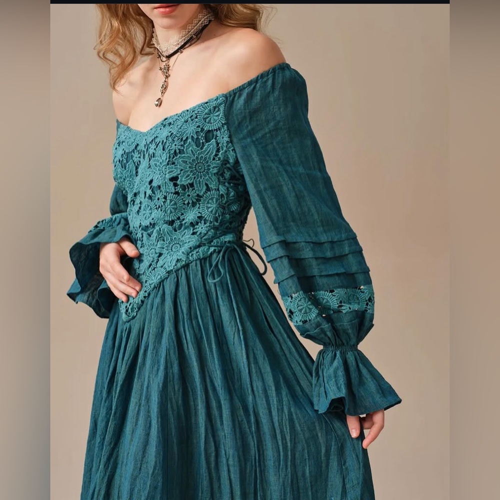 Linnenaive Isabella 24 LG Green Corset Waist Lace Midi Dress Poet Sleeve Fairy
